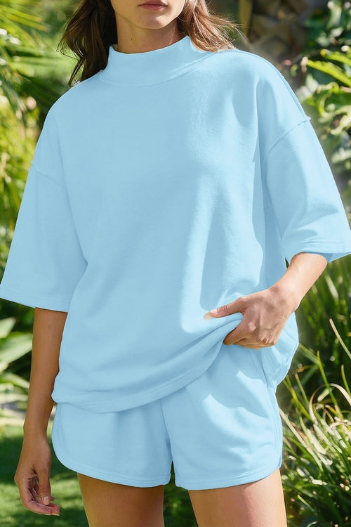Mock Neck Exposed Seam Tunic Top & Shorts Set